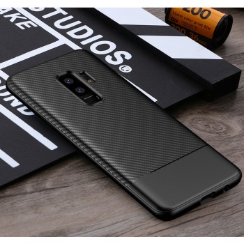 Силиконовый матовый непрозрачный чехол с текстурным покрытием Карбон для Samsung Galaxy S9 Plus Черный