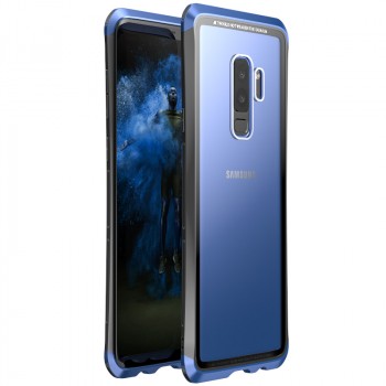 Металлический округлый двухцветный премиум бампер сборного типа с задней крышкой из закаленного защитного стекла для Samsung Galaxy S9 Plus Синий