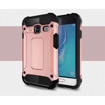 Противоударный двухкомпонентный силиконовый матовый непрозрачный чехол с нескользящими гранями и поликарбонатными вставками экстрим защиты с текстурным покрытием Карбон для Samsung Galaxy J1 mini (2016)  Розовый