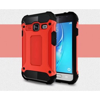 Противоударный двухкомпонентный силиконовый матовый непрозрачный чехол с нескользящими гранями и поликарбонатными вставками экстрим защиты с текстурным покрытием Карбон для Samsung Galaxy J1 mini (2016)  Красный