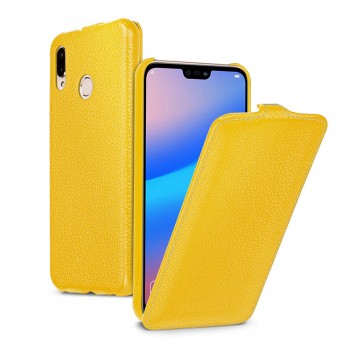 Кожаный чехол вертикальная книжка (премиум нат. кожа) (с защелкой) для Huawei P20 Lite  Желтый
