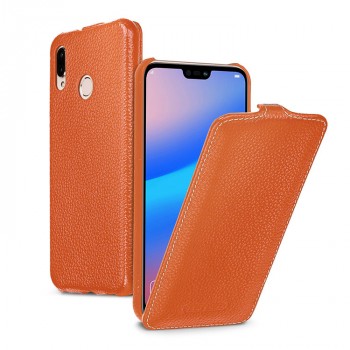 Кожаный чехол вертикальная книжка (премиум нат. кожа) (с защелкой) для Huawei P20 Lite  Оранжевый