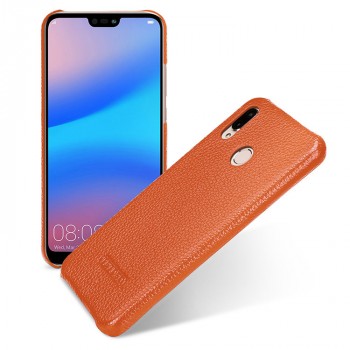 Кожаный чехол накладка (премиум нат. кожа) для Huawei P20 Lite  Оранжевый