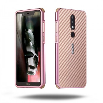 Двухкомпонентный чехол c металлическим бампером с поликарбонатной накладкой и текстурным покрытием Карбон для Nokia 5.1 Plus  Розовый