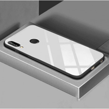 Силиконовый матовый непрозрачный чехол с глянцевой стеклянной накладкой для Huawei P20 Lite  Белый