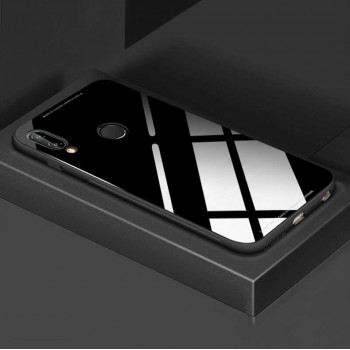 Силиконовый матовый непрозрачный чехол с глянцевой стеклянной накладкой для Huawei P20 Lite  Черный