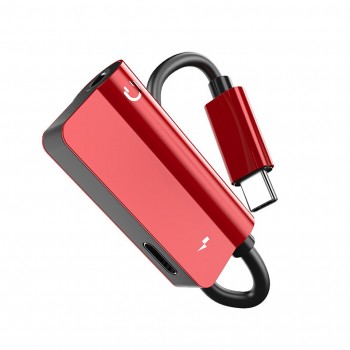 Аудиопереходник USB Type-C/3.5мм с экстраразъемом Type-C для одновременной зарядки Красный