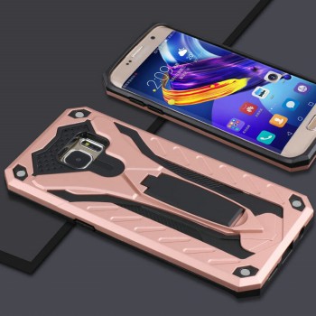 Двухкомпонентный силиконовый матовый непрозрачный чехол с поликарбонатными бампером и крышкой и встроенной ножкой-подставкой для Samsung Galaxy S7  Розовый
