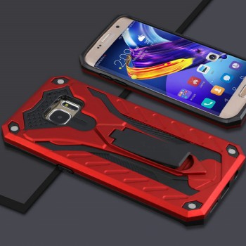 Двухкомпонентный силиконовый матовый непрозрачный чехол с поликарбонатными бампером и крышкой и встроенной ножкой-подставкой для Samsung Galaxy S7  Красный