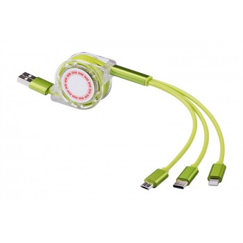 Автоскручивающийся интерфейсный кабель-хаб 3в1 (USB - Lightning/MicroUSB/Type-C) 1м Зеленый