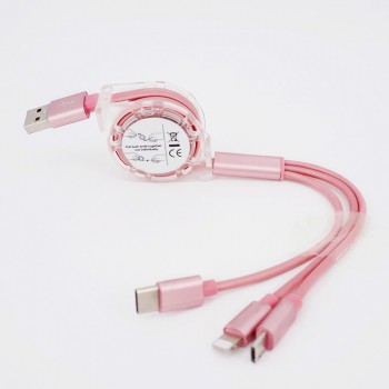 Автоскручивающийся интерфейсный кабель-хаб 3в1 (USB - Lightning/MicroUSB/Type-C) 1м Розовый