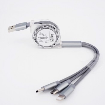 Автоскручивающийся интерфейсный кабель-хаб 3в1 (USB - Lightning/MicroUSB/Type-C) 1м Серый