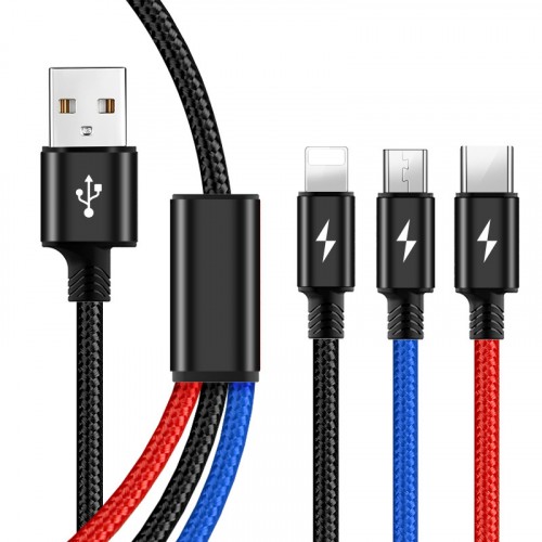 Интерфейсный кабель-хаб 3в1 (USB - Lightning/MicroUSB/Type-C) в тканевой оплетке 1.2м