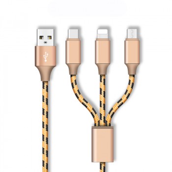 Интерфейсный кабель-хаб 3в1 (USB - Lightning/MicroUSB/Type-C) в тканевой оплетке 1.2м Бежевый