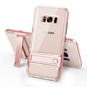 Двухкомпонентный силиконовый глянцевый транспарентный чехол с поликарбонатными бампером и крышкой и встроенной ножкой-подставкой для Samsung Galaxy S8  Розовый
