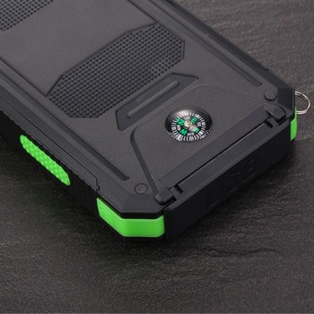 Портативное зарядное устройство 10000mAh в противоударном пылевлагозащищенном корпусе c солнечной батареей, LED-фонариком, 2 разъемами USB (1А+2.1А), встроенным компасом, петлей для карабина и индикатором заряда Зеленый
