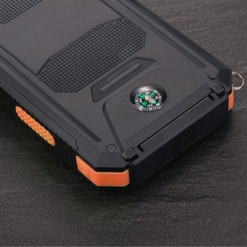 Портативное зарядное устройство 10000mAh в противоударном пылевлагозащищенном корпусе c солнечной батареей, LED-фонариком, 2 разъемами USB (1А+2.1А), встроенным компасом, петлей для карабина и индикатором заряда Оранжевый