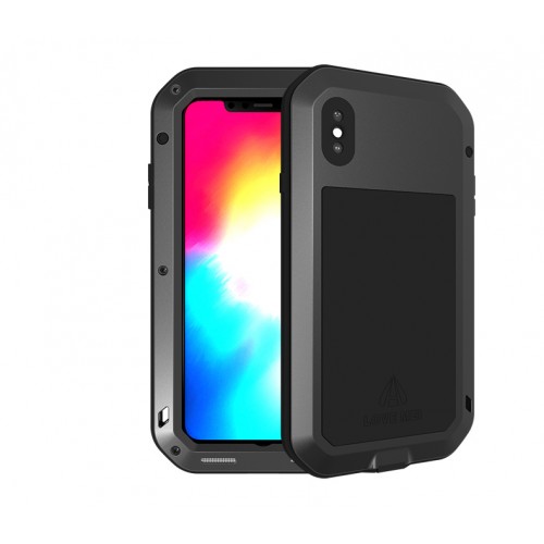 Эксклюзивный многомодульный ультрапротекторный пылевлагозащищенный ударостойкий нескользящий чехол алюминиево-цинковый сплав/силиконовый полимер с закаленным защитным стеклом для Iphone XS , цвет Черный