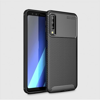 Матовый силиконовый чехол для Samsung Galaxy A7 (2018) с текстурным покрытием карбон Черный