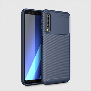 Матовый силиконовый чехол для Samsung Galaxy A7 (2018) с текстурным покрытием карбон Синий
