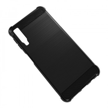 Силиконовый матовый непрозрачный чехол с усиленными углами с текстурным покрытием Металлик для Samsung Galaxy A7 (2018)  Черный
