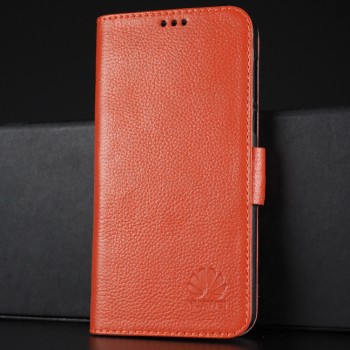 Кожаный чехол горизонтальная книжка подставка (премиум нат. кожа) с крепежной застежкой для Huawei Honor 8 Оранжевый