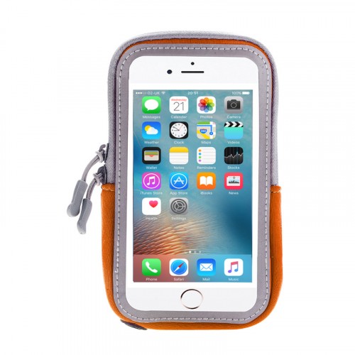 Спортивный влагозащищенный наручный чехол-держатель из дышащей ткани для гаджетов до 18см с активной защитной пленкой и отверстием для наушников, цвет Оранжевый