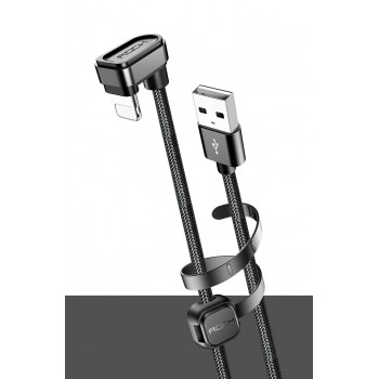 Интерфейсный кабель Lightning игрового типа в тканевой оплетке 1м с угловым разъемом, фиксирующей присоской и стягивающим хомутом Черный