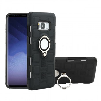 Двухкомпонентный силиконовый матовый непрозрачный чехол с поликарбонатными бампером и крышкой, встроенным магнитным кольцом-подставкой и текстурным покрытием Узоры для Samsung Galaxy S8 Черный