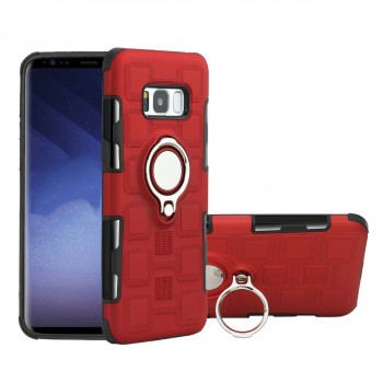 Двухкомпонентный силиконовый матовый непрозрачный чехол с поликарбонатными бампером и крышкой, встроенным магнитным кольцом-подставкой и текстурным покрытием Узоры для Samsung Galaxy S8 Красный