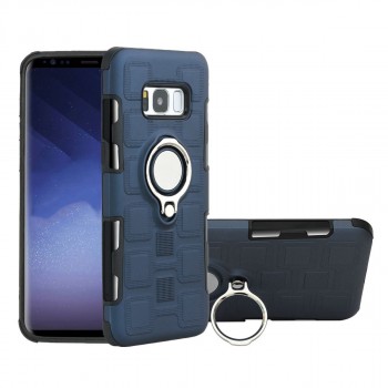 Двухкомпонентный силиконовый матовый непрозрачный чехол с поликарбонатными бампером и крышкой, встроенным магнитным кольцом-подставкой и текстурным покрытием Узоры для Samsung Galaxy S8 Синий