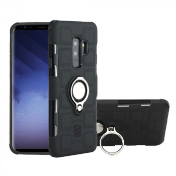 Противоударный двухкомпонентный силиконовый матовый непрозрачный чехол с поликарбонатными вставками экстрим защиты с встроенным кольцом-подставкой для Samsung Galaxy S9 Plus Черный
