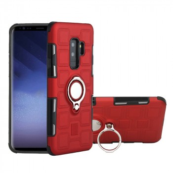 Противоударный двухкомпонентный силиконовый матовый непрозрачный чехол с поликарбонатными вставками экстрим защиты с встроенным кольцом-подставкой для Samsung Galaxy S9 Plus Красный