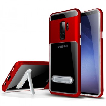 Двухкомпонентный силиконовый глянцевый транспарентный чехол с поликарбонатным бампером и встроенной ножкой-подставкой для Samsung Galaxy S9 Plus Красный