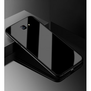 Силиконовый матовый непрозрачный чехол с стеклянной накладкой для Samsung Galaxy J4 Plus  Черный