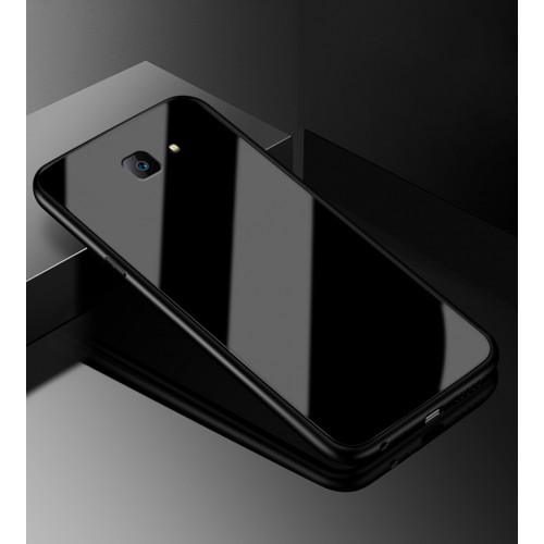 Силиконовый матовый непрозрачный чехол с стеклянной накладкой для Samsung Galaxy J4 Plus , цвет Черный