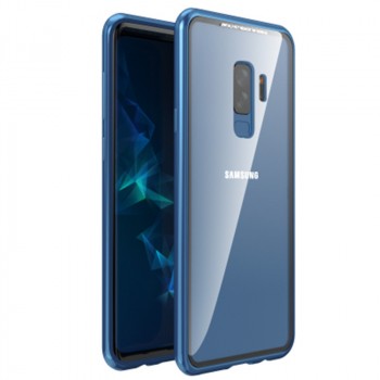 Двухкомпонентный металлический магнитный чехол для  Samsung Galaxy S9 Plus с защитным стеклом и прозрачной задней накладкой Синий