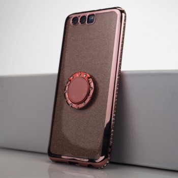 Силиконовый глянцевый полупрозрачный чехол с ручной аппликацией стразами и текстурным покрытием Золото для Huawei Honor 9 Розовый