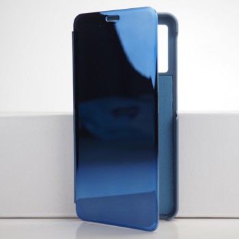 Пластиковый зеркальный чехол книжка для Samsung Galaxy A7 (2018) с полупрозрачной крышкой для уведомлений Синий