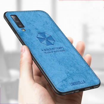 Силиконовый матовый непрозрачный чехол с нескользящими гранями, декоративным тиснением и текстурным покрытием Джинса для Samsung Galaxy A7 (2018) Синий
