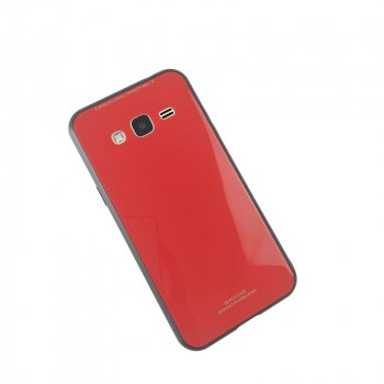 Силиконовый глянцевый непрозрачный чехол с co стеклянной накладкой для Samsung Galaxy J3 (2016) Красный