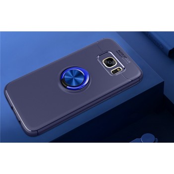 Силиконовый матовый непрозрачный чехол с встроенным магнитным кольцом-подставкой для Samsung Galaxy S7 Edge Синий