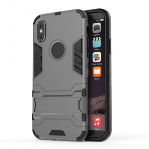 Двухкомпонентный силиконовый матовый непрозрачный чехол с поликарбонатными бампером и крышкой и встроенной ножкой-подставкой для Iphone x10 Серый