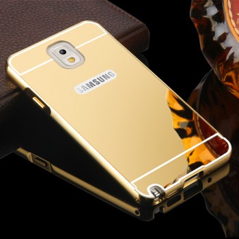 Двухкомпонентный чехол c металлическим бампером с поликарбонатной накладкой и зеркальным покрытием для Samsung Galaxy Note 3 Бежевый