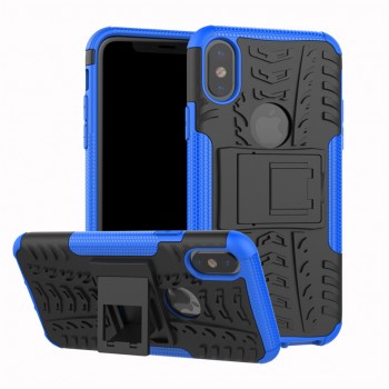 Противоударный двухкомпонентный силиконовый матовый непрозрачный чехол с поликарбонатными вставками экстрим защиты с встроенной ножкой-подставкой и текстурным покрытием Шина для Iphone x10/XS Синий