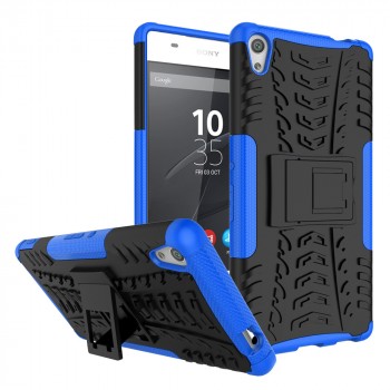 Противоударный двухкомпонентный силиконовый матовый непрозрачный чехол с поликарбонатными вставками экстрим защиты с встроенной ножкой-подставкой и текстурным покрытием Шина для Sony Xperia XA Ultra Синий