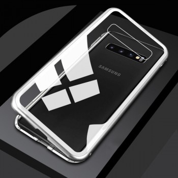 Двухкомпонентный металлический магнитный чехол для  Samsung Galaxy S10 с прозрачной стеклянной задней накладкой Белый