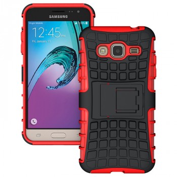 Двухкомпонентный силиконовый чехол с поликарбонатной вставкой и подставкой для Samsung Galaxy J3 (2016) Красный