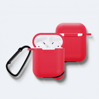 Противоударный водоотталкивающий силиконовый чехол с карабином для Apple AirPods Красный