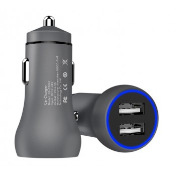 Автомобильное зарядное устройство с 2-я USB разъемами 5V2.4A и LED подсветкой в матовом корпусе Серый